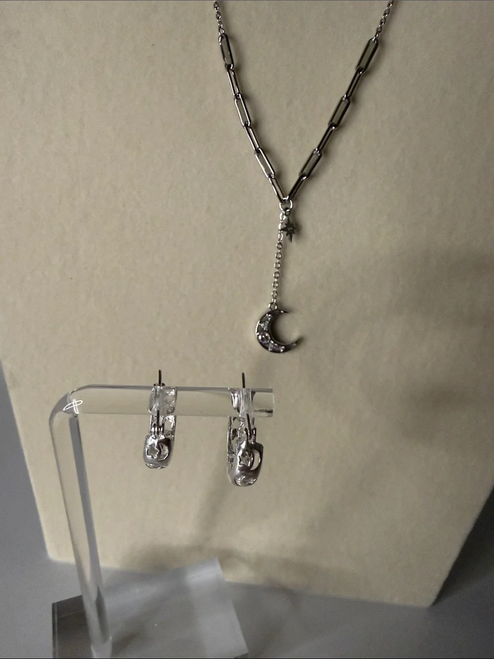 Triple WG Plated Moon & Star Necklace with Hoop Earrings Set